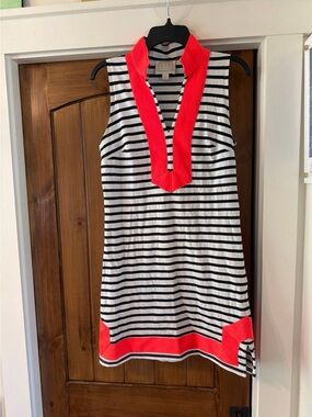 Sail to Sable Navy and White Striped Tank with Coral Trim
